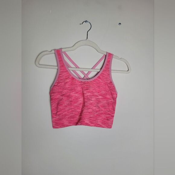 Hot Pink Sports Bra Medium Support Criss Cross Double Strap Pullover Workout - Picture 2 of 7